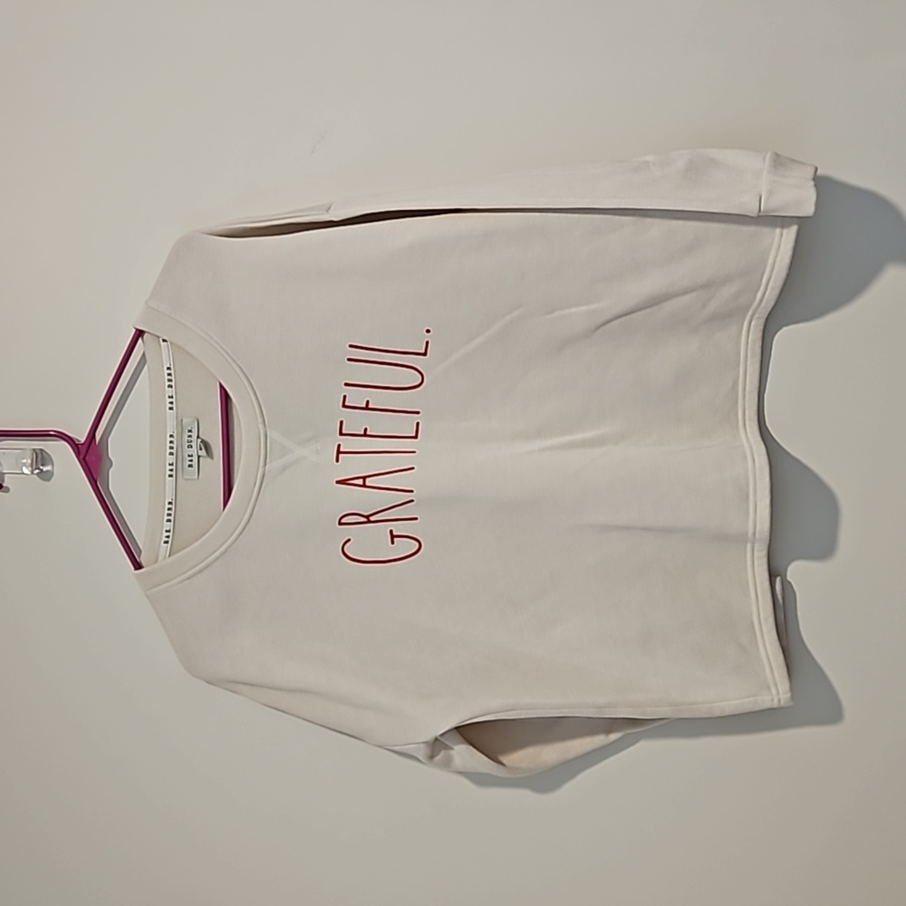 RAE DUNN White long sleeve crop sweatshirt GRATEFUL Medium - Picture 2 of 7